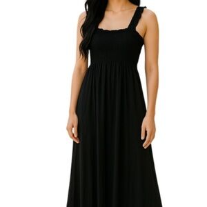 KIWI + PUNCH Plisse Smock Midi Sundress Black Ruffled Sweetheart Neck Boho M